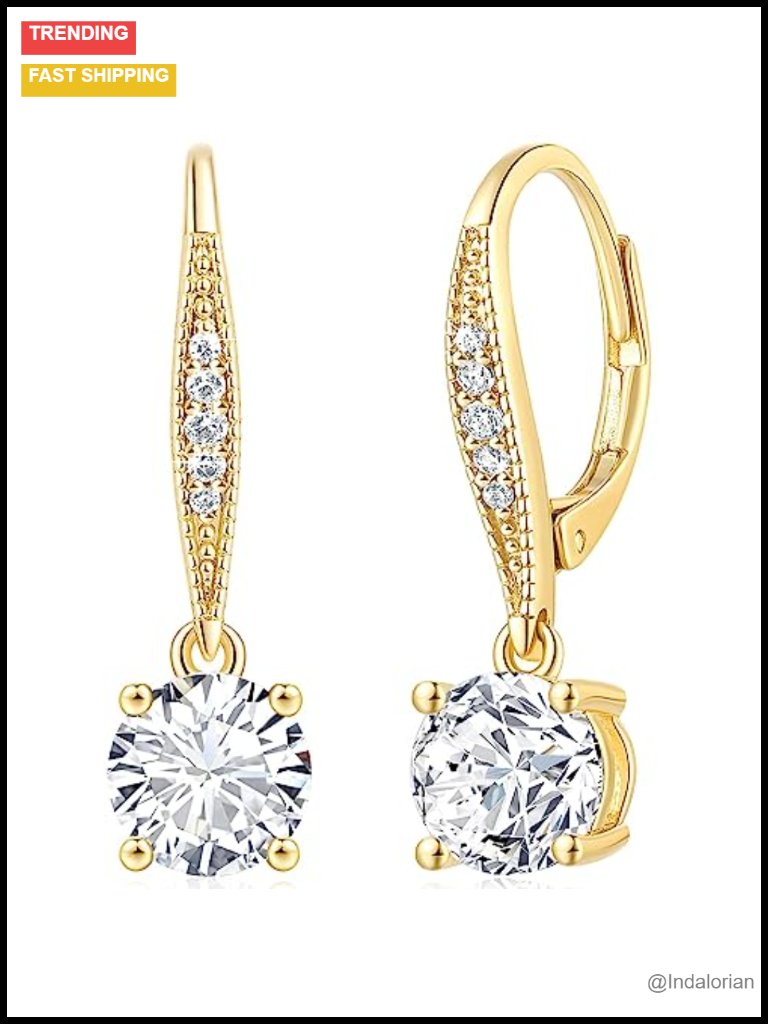 14k Gold Plated Drop Dangle Earrings With Cubic Zirconia - Leverback Closure